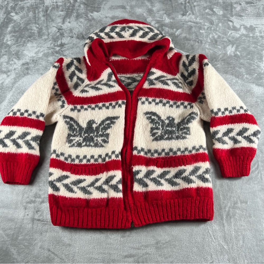 Cowichan Indian Canada Hand Knit Wool Cardigan Eagle Sweater Full Zip Jacket L